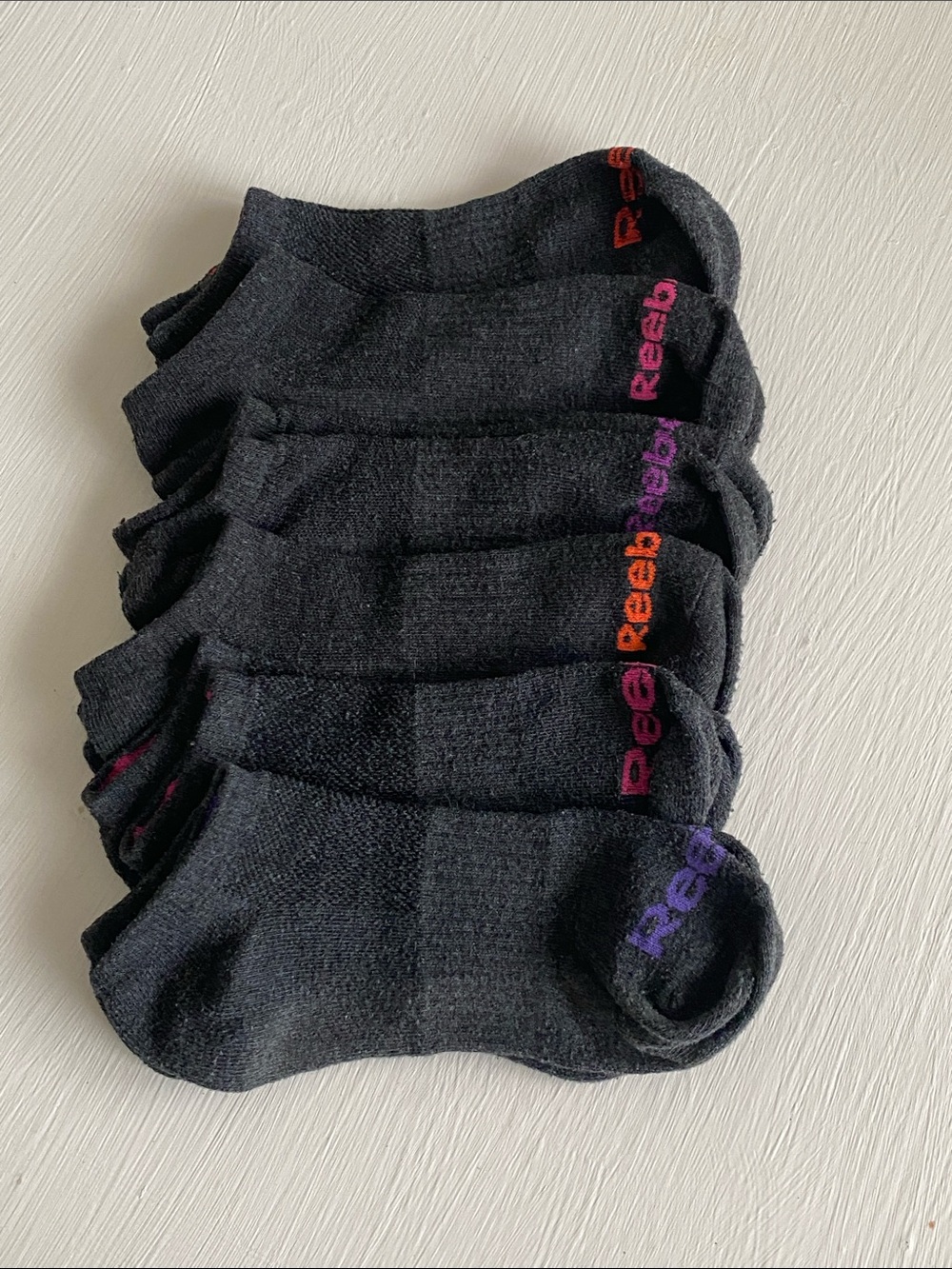 6 Pairs Reebok Black Low-Cut Athletic Socks with Pink, Orange & Purple Logos
